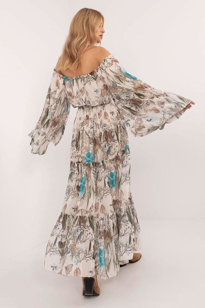 Boho-Inspired Floral Maxi Dress with Spanish Neckline and Belted Waist - Ludowika 