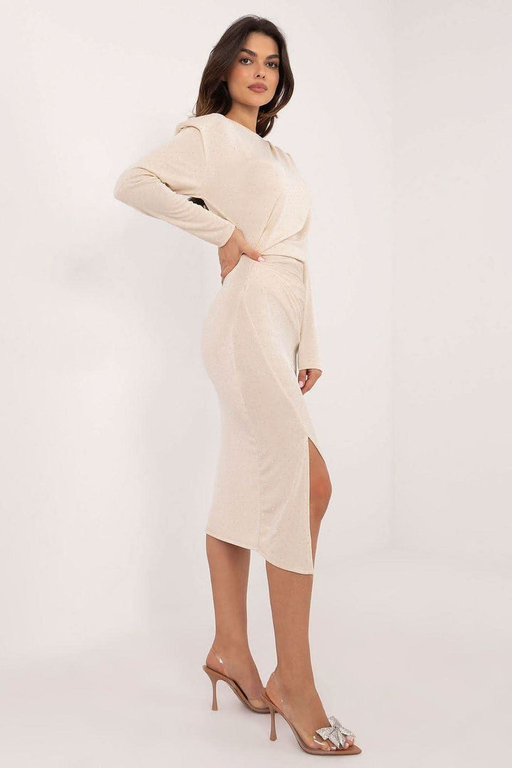 Fitted Midi Dress with Jet Bead Embellishments and Long Sleeves - Ludowika 