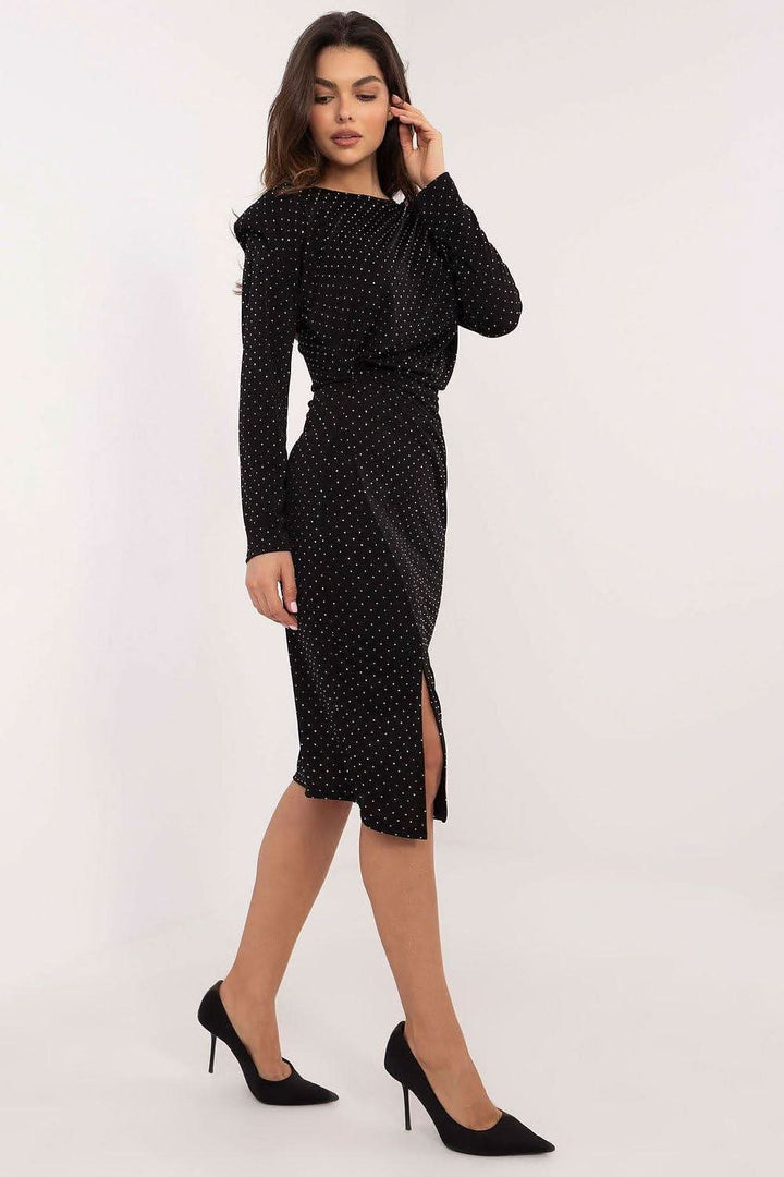 Fitted Midi Dress with Jet Bead Embellishments and Long Sleeves - Ludowika 