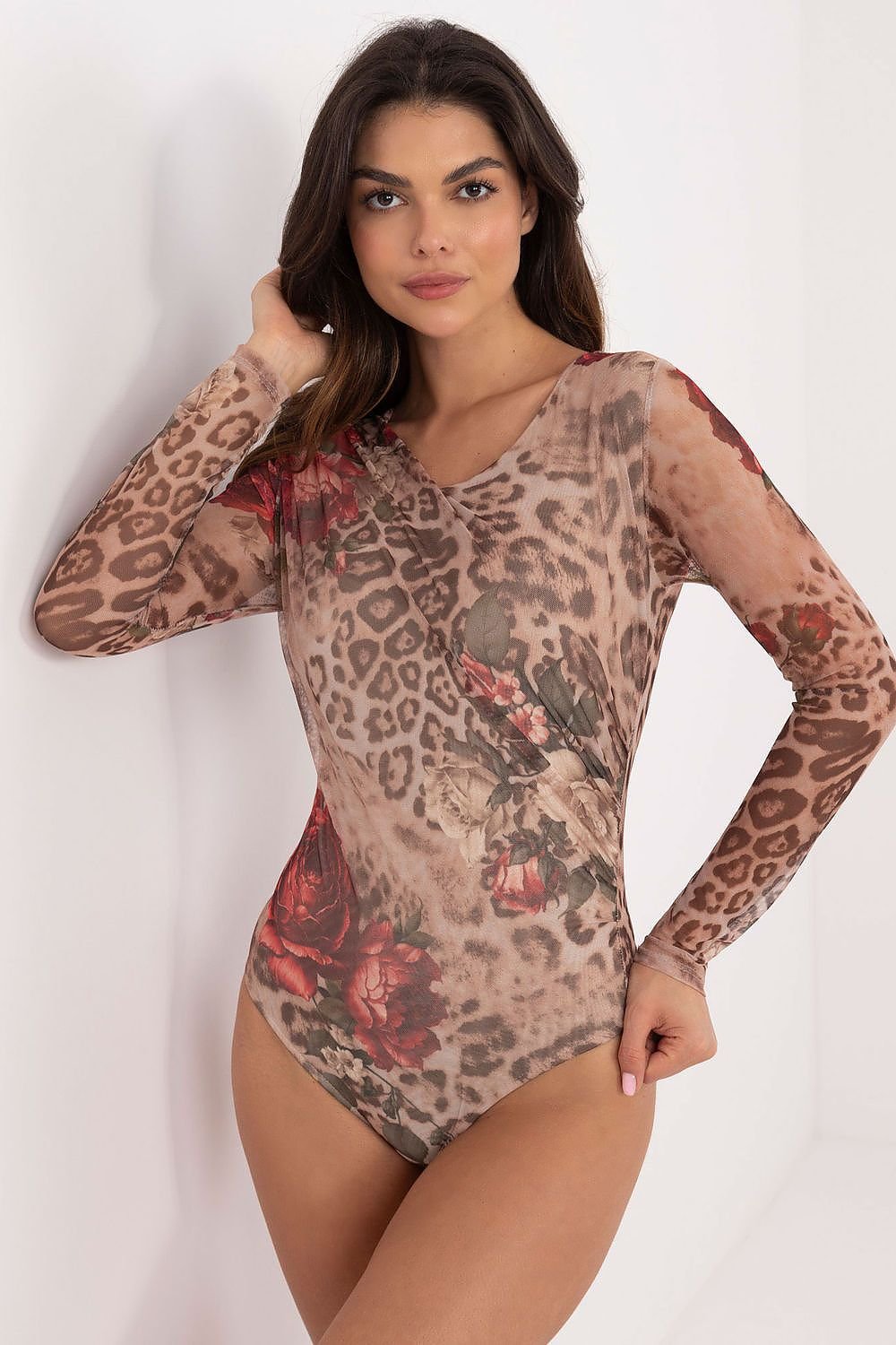 Elegant Patterned Bodysuit with Decorative Creases