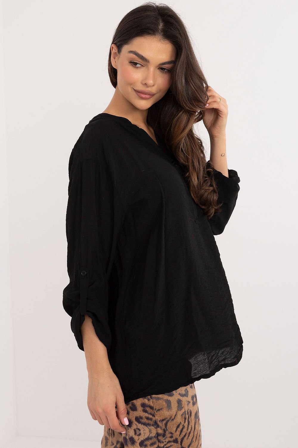 Versatile V-Neck Blouse with Stand-Up Collar and Roll-Up Sleeves