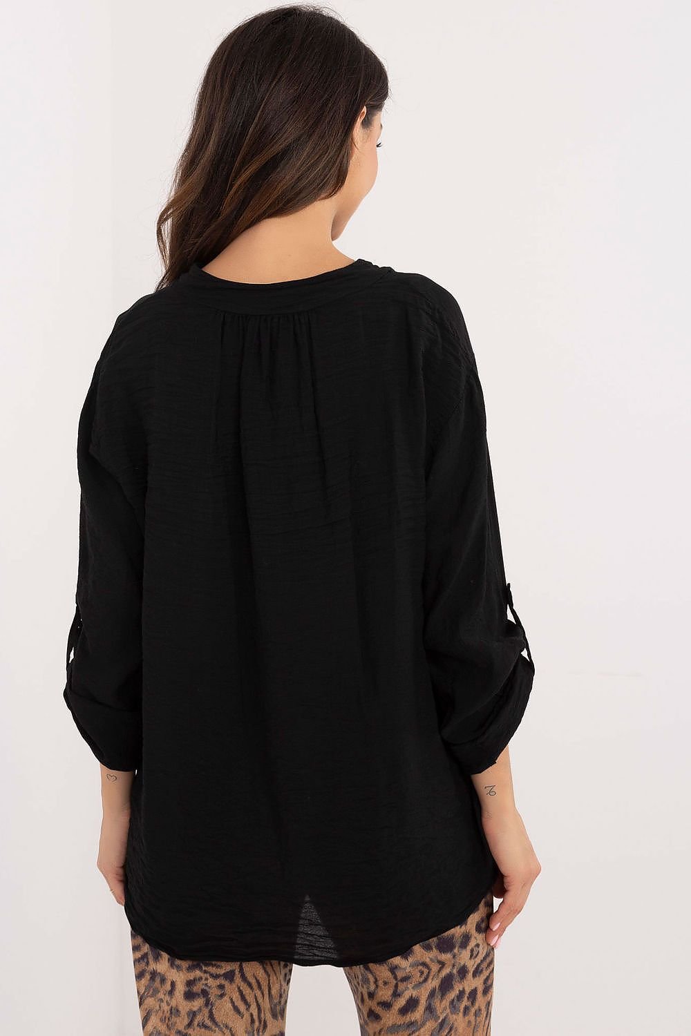 Versatile V-Neck Blouse with Stand-Up Collar and Roll-Up Sleeves