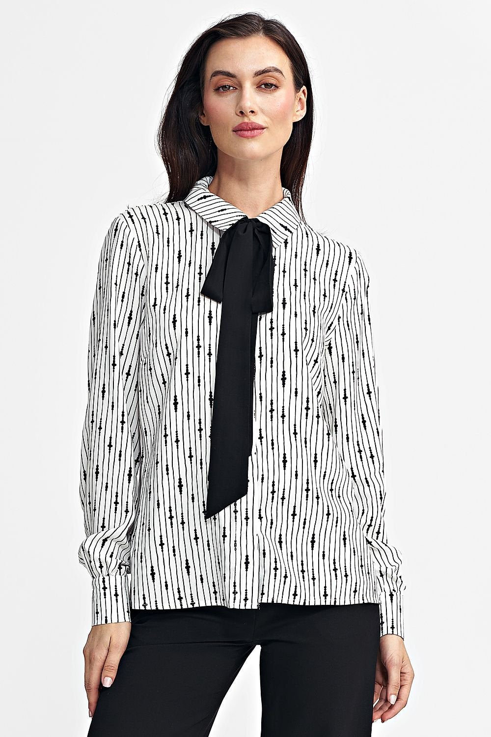 Elegant viscose shirt with a unique pattern, classic collar, black sash tie, long sleeves with cuffs, and front button closure. Comfortable and stylish, perfect for women who appreciate individuality.