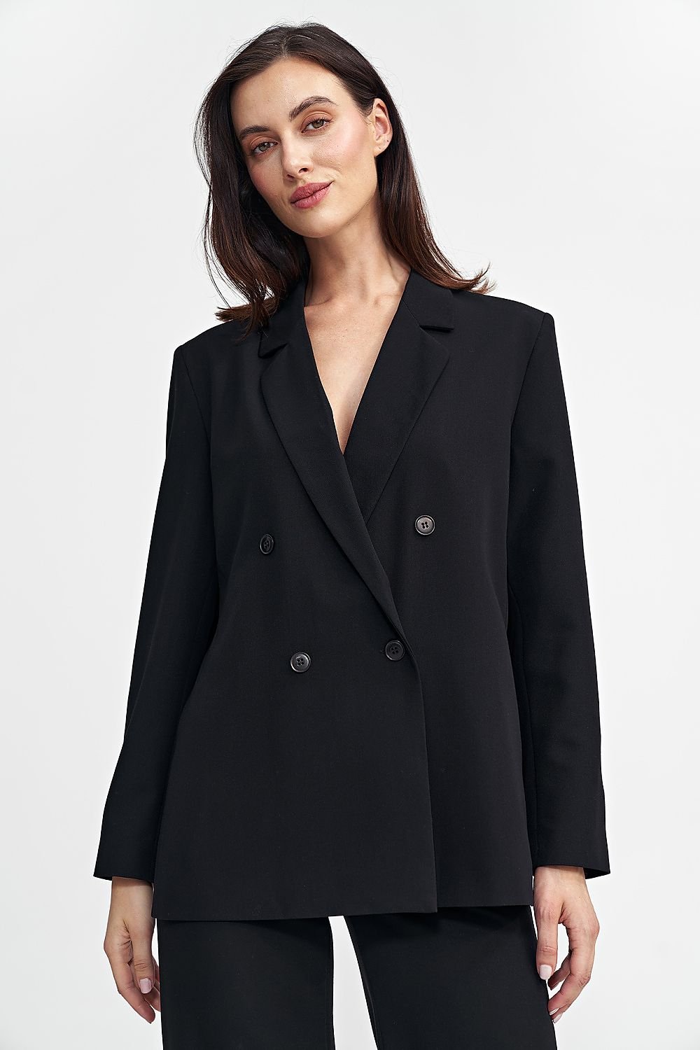 Women’s Oversized Blazer with Classic Collar, Double-Breasted Button Closure, and Shoulder Pads