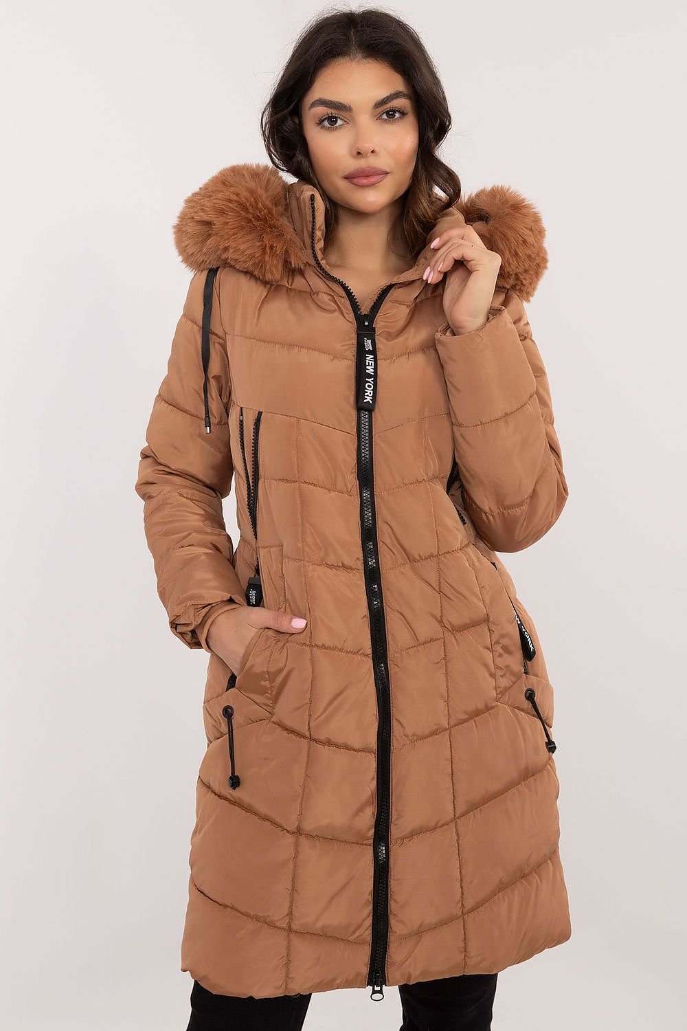 Knee-Length Quilted Jacket with Detachable Fur and Hood