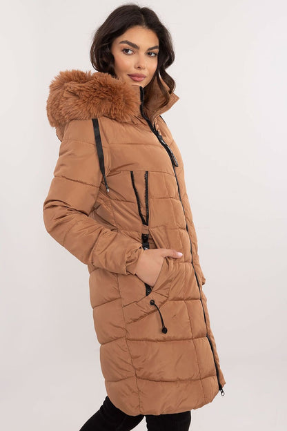 Knee-Length Quilted Jacket with Detachable Fur and Hood