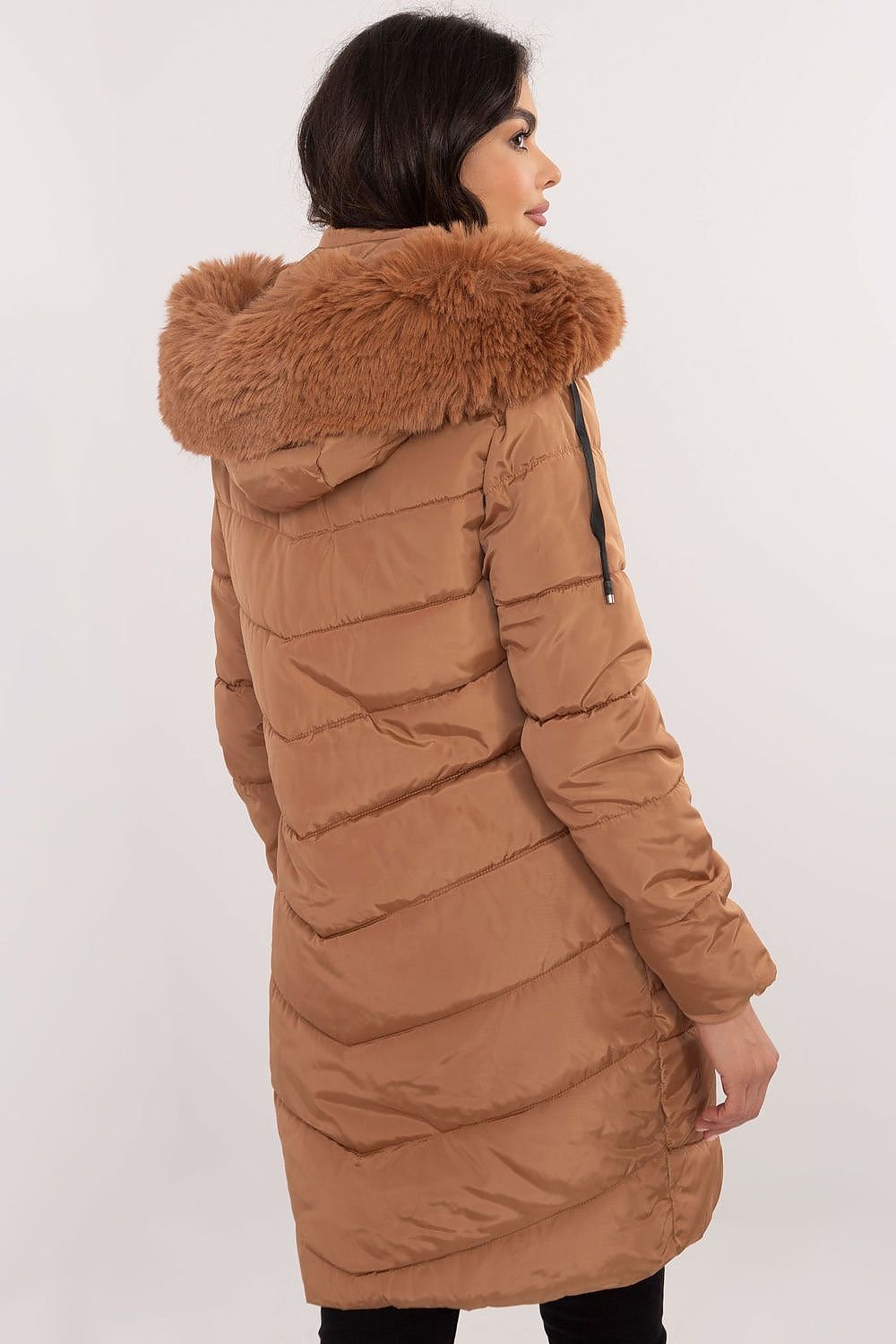 Knee-Length Quilted Jacket with Detachable Fur and Hood