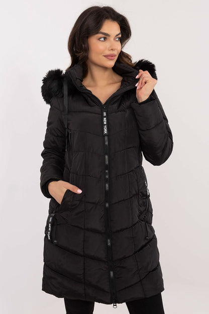 Knee-Length Quilted Jacket with Detachable Fur and Hood