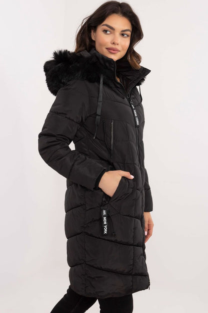 Knee-Length Quilted Jacket with Detachable Fur and Hood