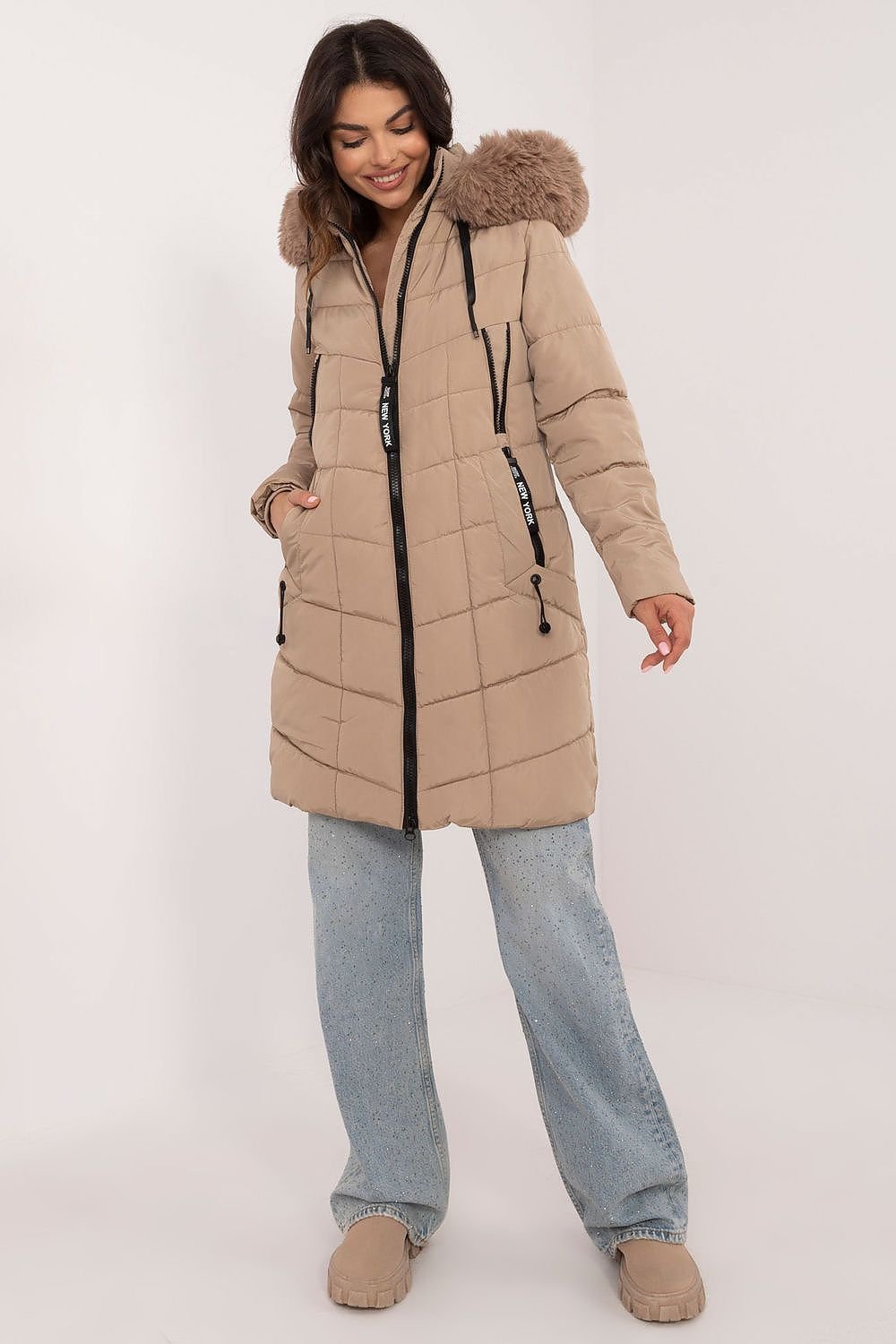 Knee-Length Quilted Jacket with Detachable Fur and Hood