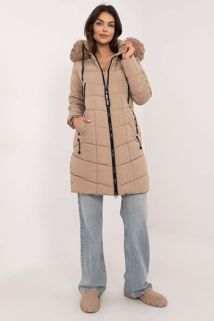 Knee-Length Quilted Jacket with Detachable Fur and Hood