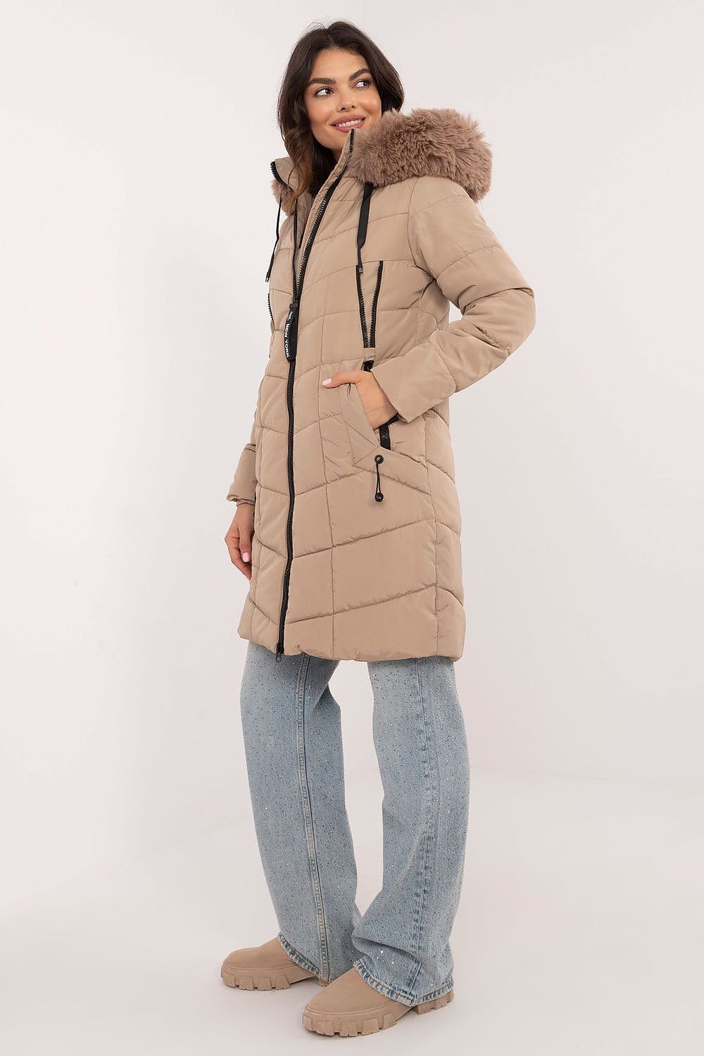 Knee-Length Quilted Jacket with Detachable Fur and Hood