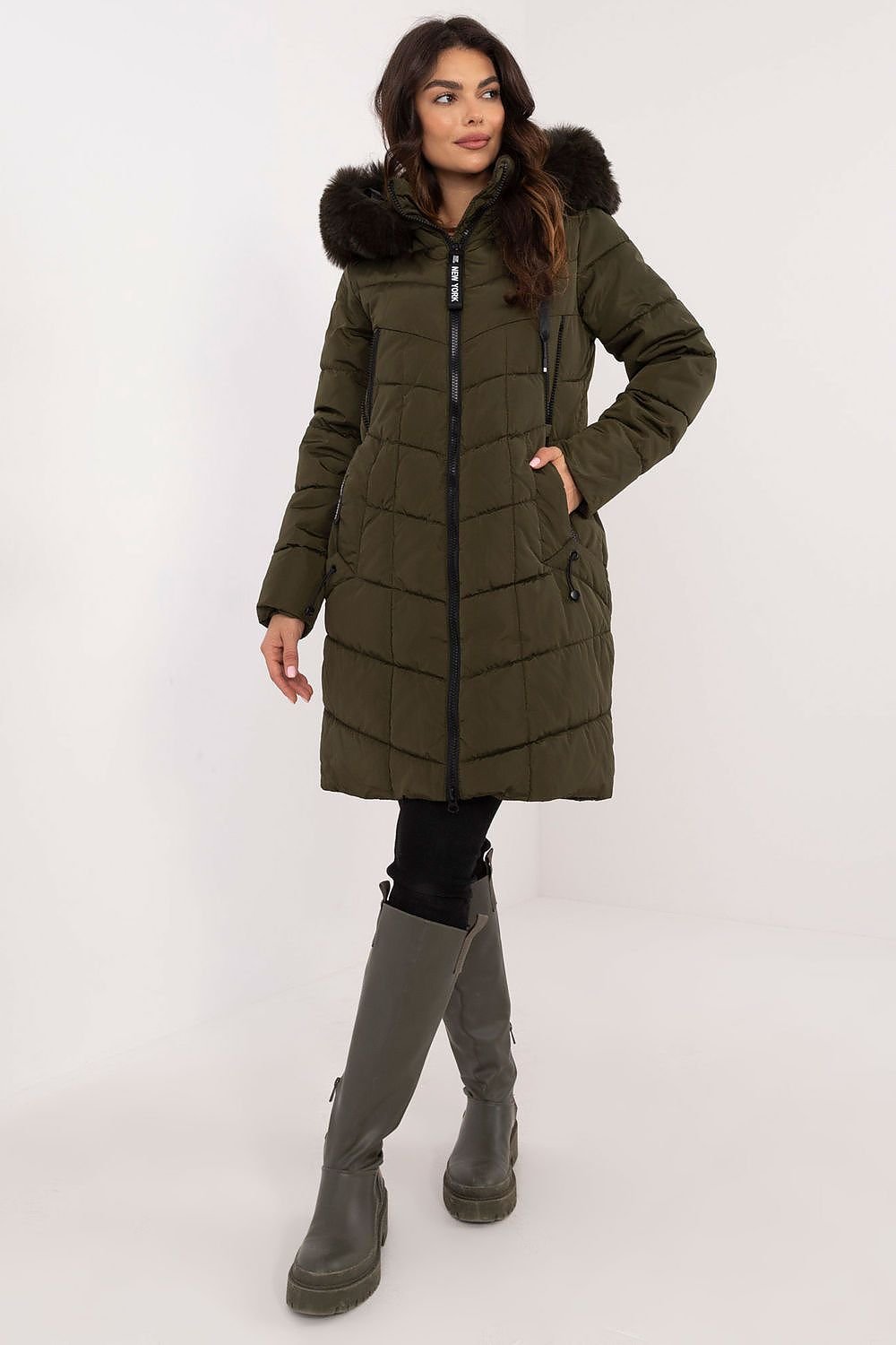 Knee-Length Quilted Jacket with Detachable Fur and Hood