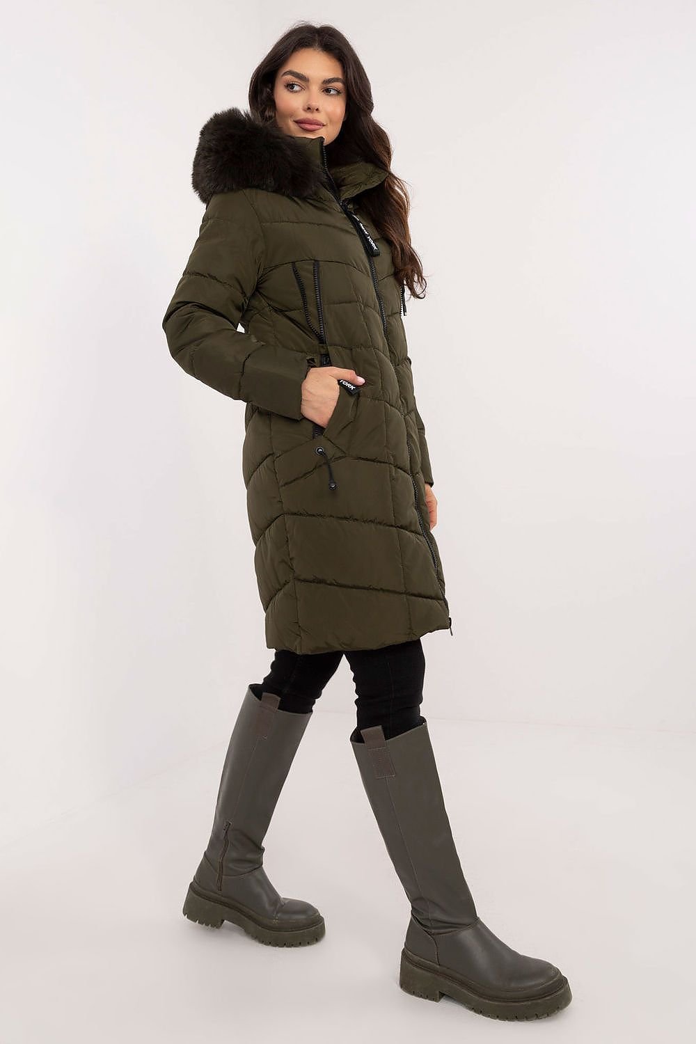 Knee-Length Quilted Jacket with Detachable Fur and Hood