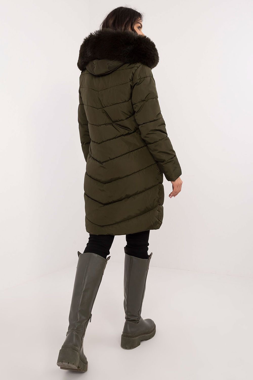 Knee-Length Quilted Jacket with Detachable Fur and Hood