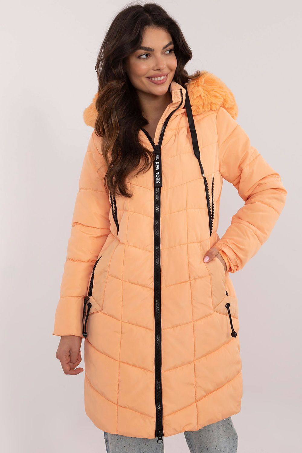 Knee-Length Quilted Jacket with Detachable Fur and Hood