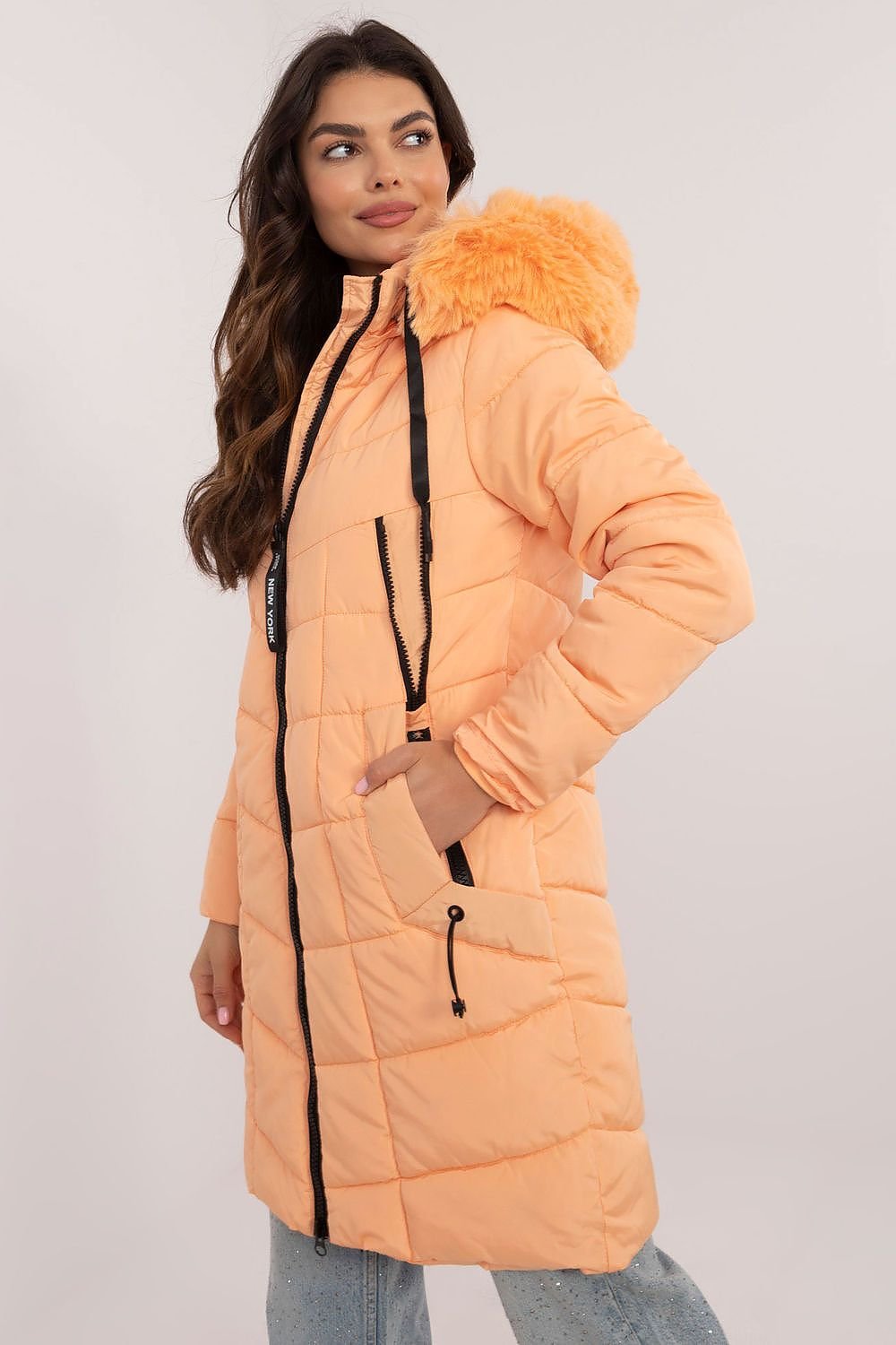 Knee-Length Quilted Jacket with Detachable Fur and Hood