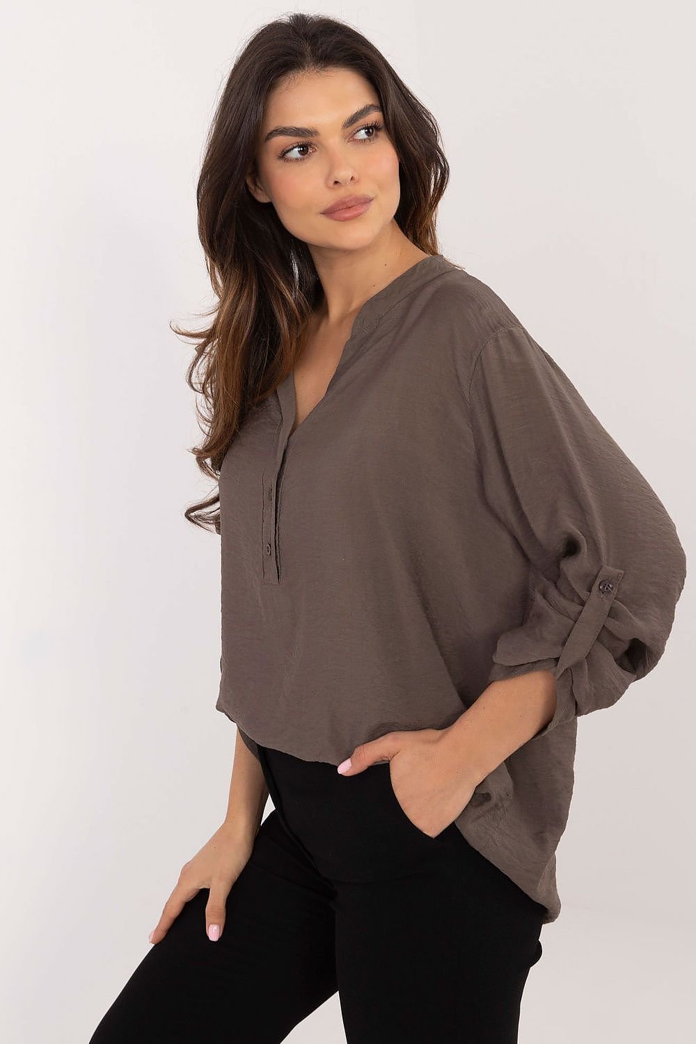 Versatile V-Neck Blouse with Stand-Up Collar and Roll-Up Sleeves