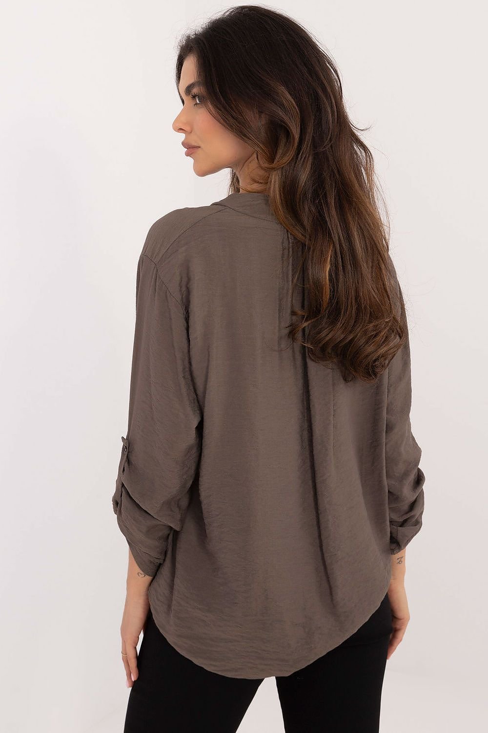 Versatile V-Neck Blouse with Stand-Up Collar and Roll-Up Sleeves