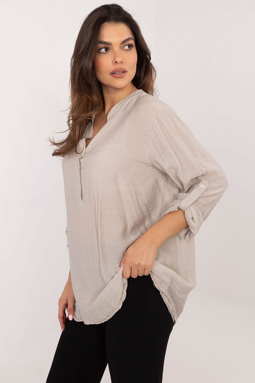 Versatile V-Neck Blouse with Stand-Up Collar and Roll-Up Sleeves