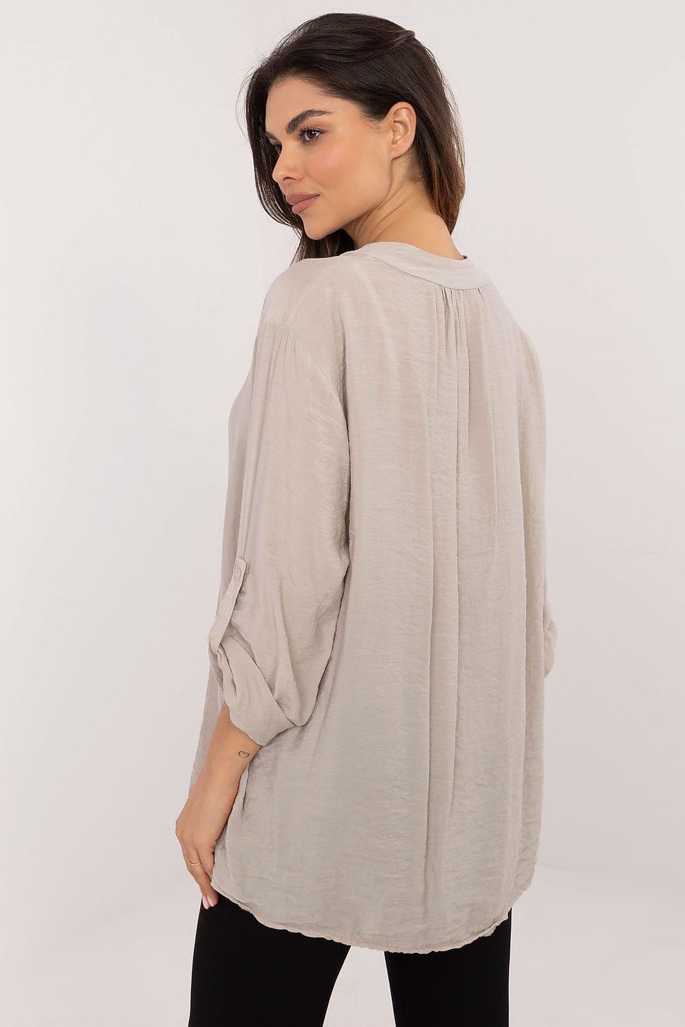 Versatile V-Neck Blouse with Stand-Up Collar and Roll-Up Sleeves