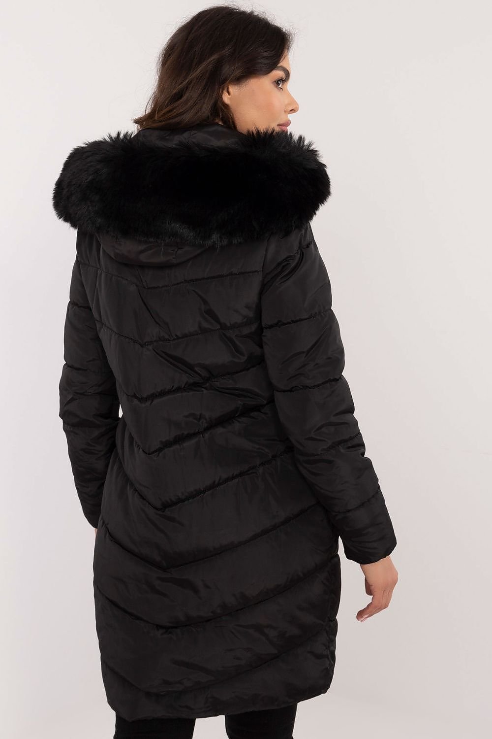 Knee-Length Quilted Jacket with Detachable Fur and Hood