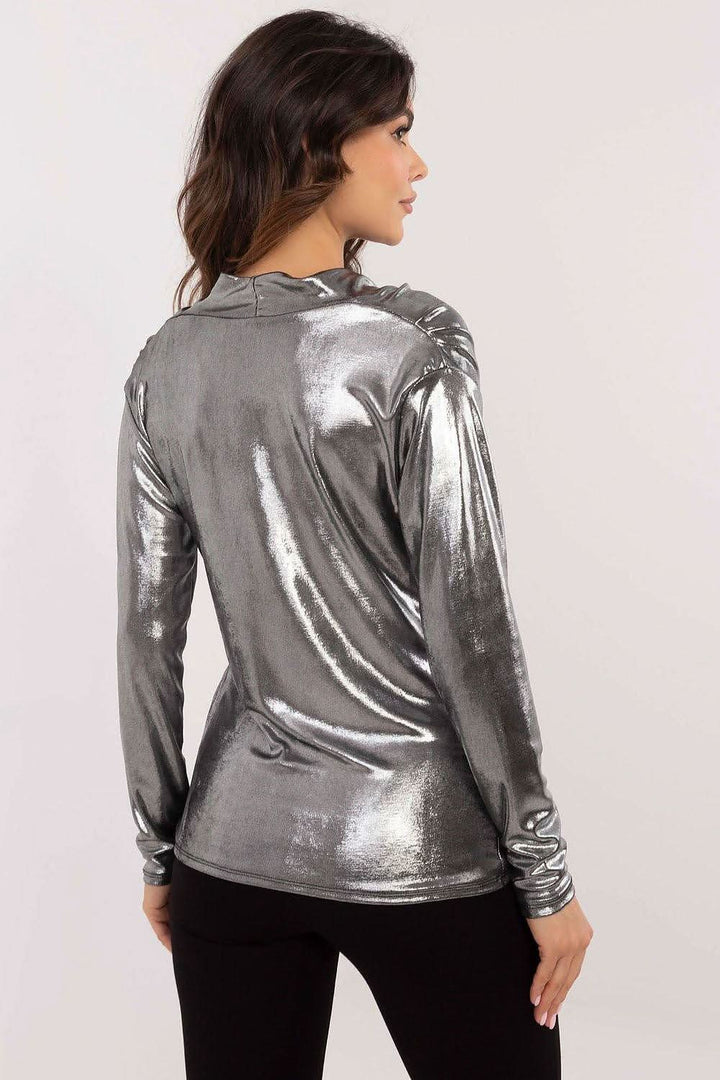 Elegant Blouse with Shiny Material, Pleats, and Flowing Neckline - Ludowika 
