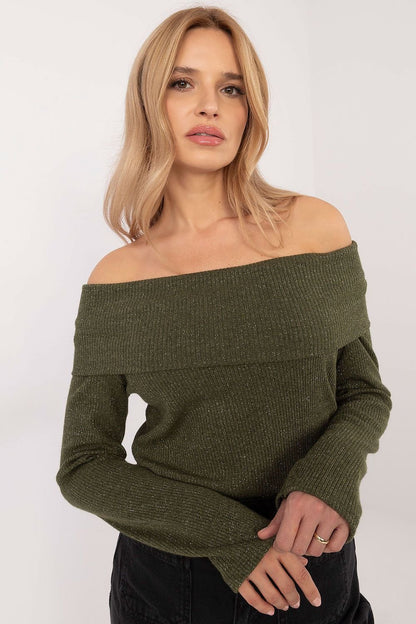 Ribbed Off-the-Shoulder Sweater with Shiny Detailing