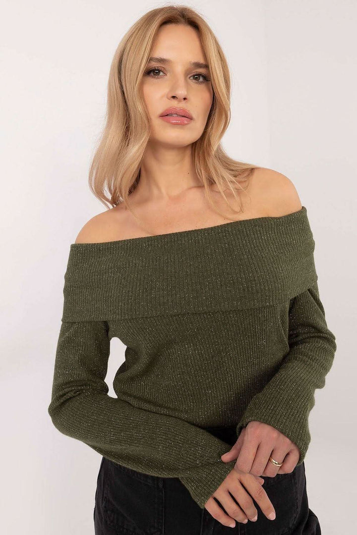 Ribbed Off-the-Shoulder Sweater with Shiny Detailing - Ludowika 