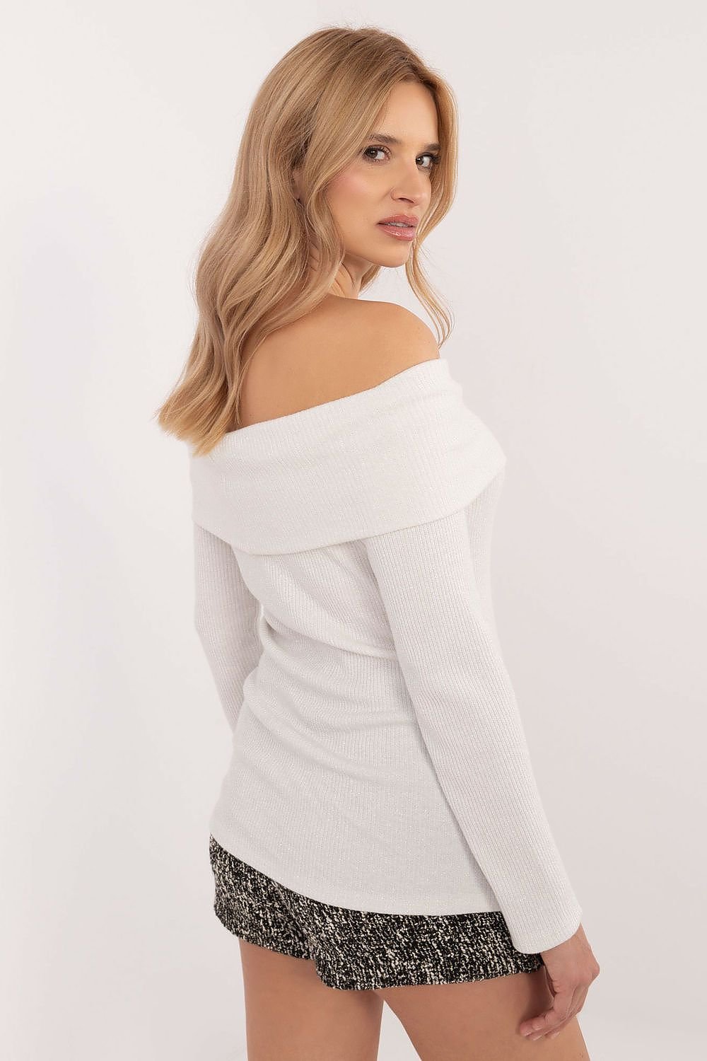 Ribbed Off-the-Shoulder Sweater with Shiny Detailing