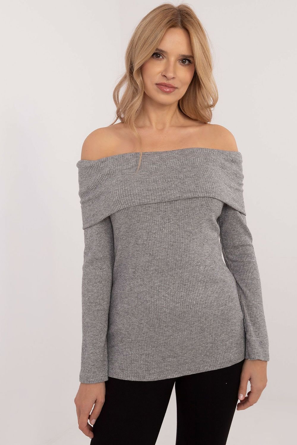 Ribbed Off-the-Shoulder Sweater with Shiny Detailing