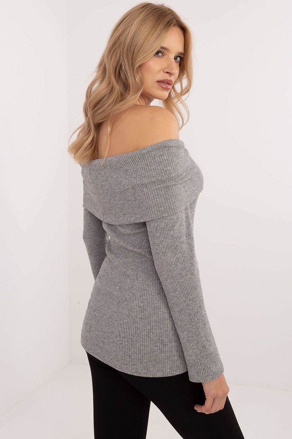 Ribbed Off-the-Shoulder Sweater with Shiny Detailing