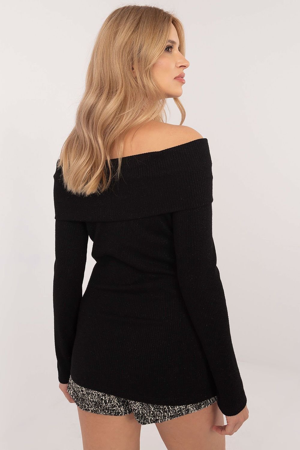 Ribbed Off-the-Shoulder Sweater with Shiny Detailing