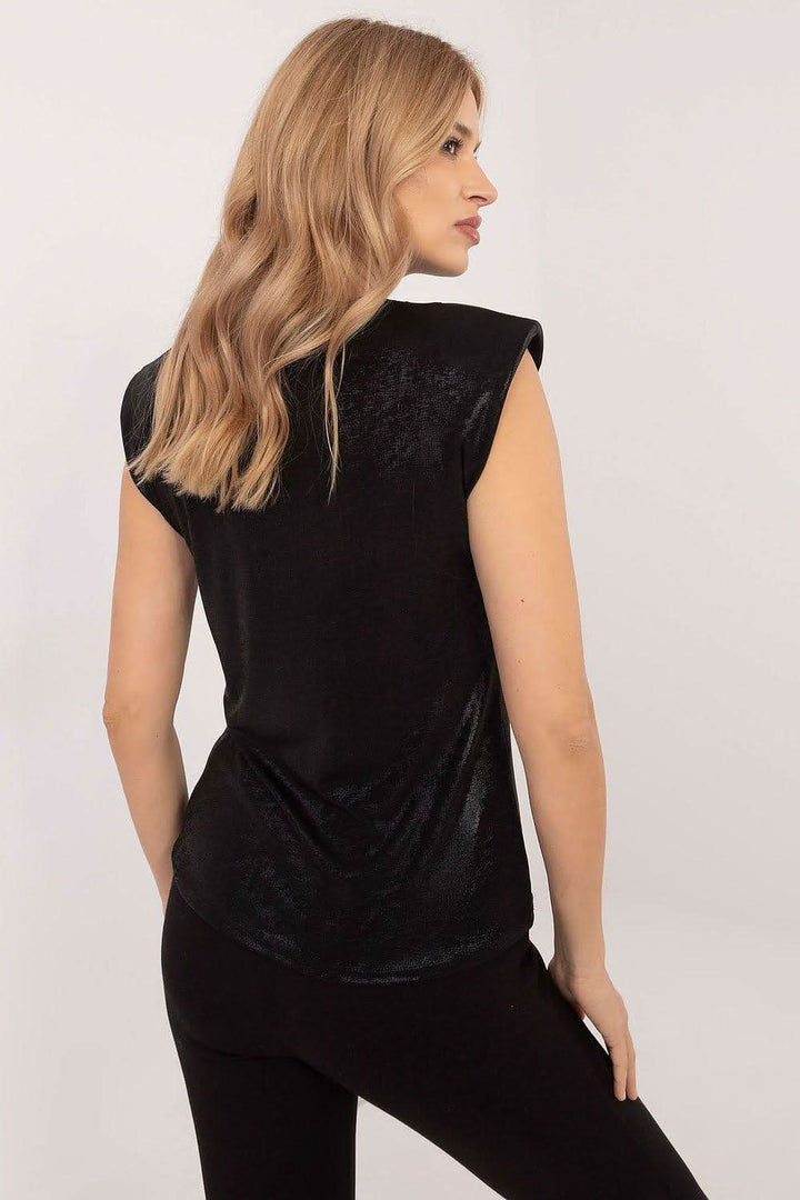 Elegant Sleeveless Blouse with Glossy Finish and Round Neckline - Ludowika 