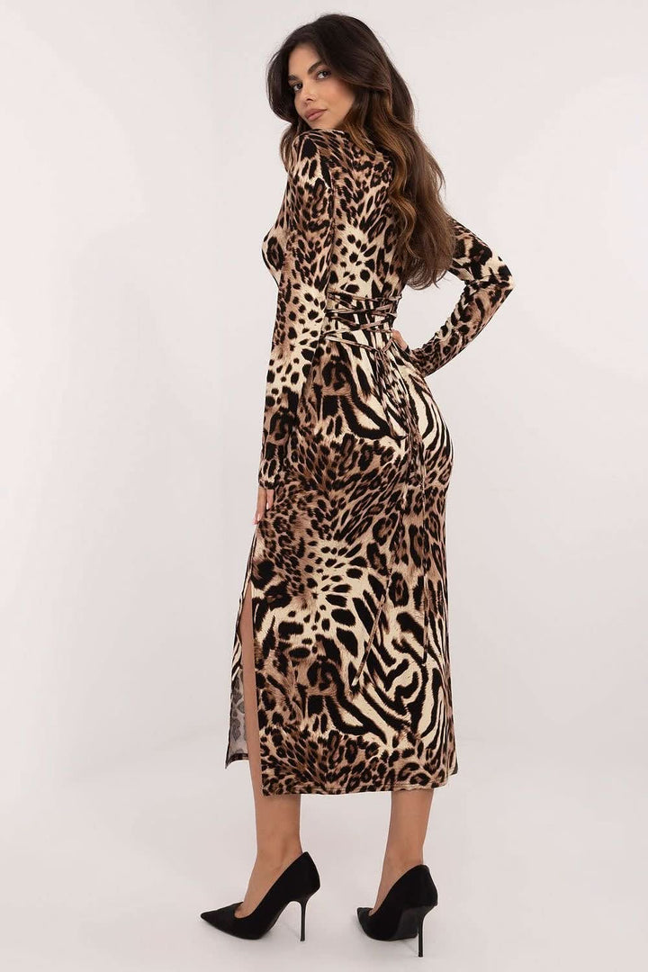 Pencil Cut Dress with Bold Animal Print and Corset Lacing - Ludowika 