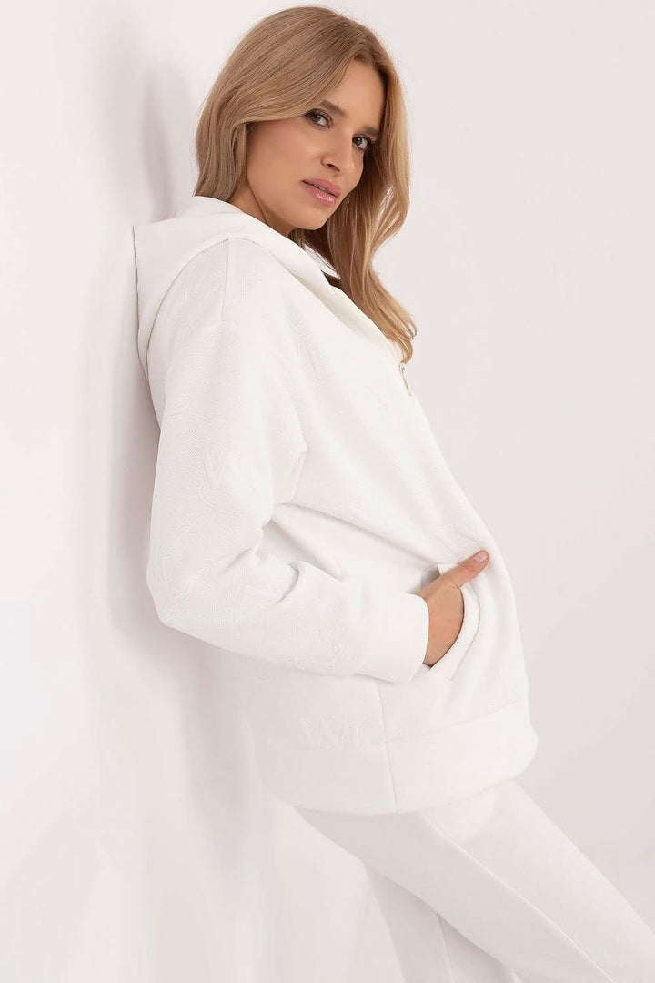 White Cotton-Blend Hoodie with Zipper Closure and Slip Pockets - Ludowika 