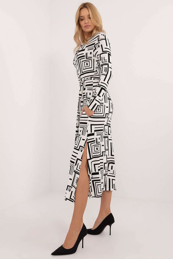 Everyday Midi Pencil Dress with Geometric Pattern, Long Sleeves, and Waist Tie - Ludowika 