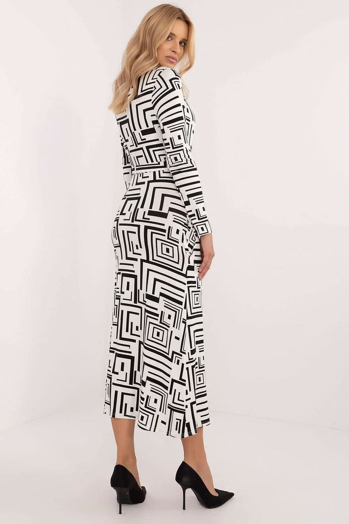 Everyday Midi Pencil Dress with Geometric Pattern, Long Sleeves, and Waist Tie - Ludowika 