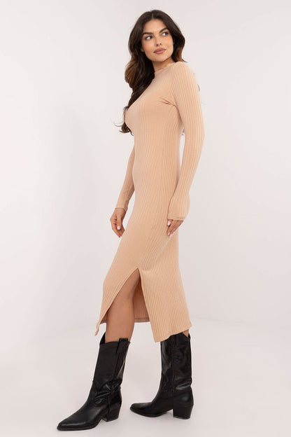 Ribbed Midi Pencil Dress with Long Sleeves and Round Neckline