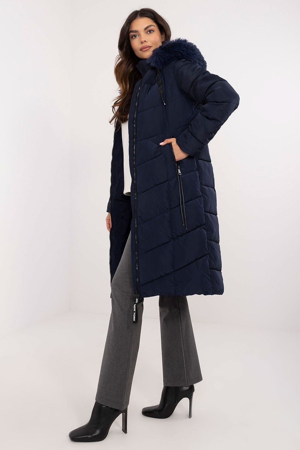 Long Knee-Length Down Jacket with Detachable Hood and Fur