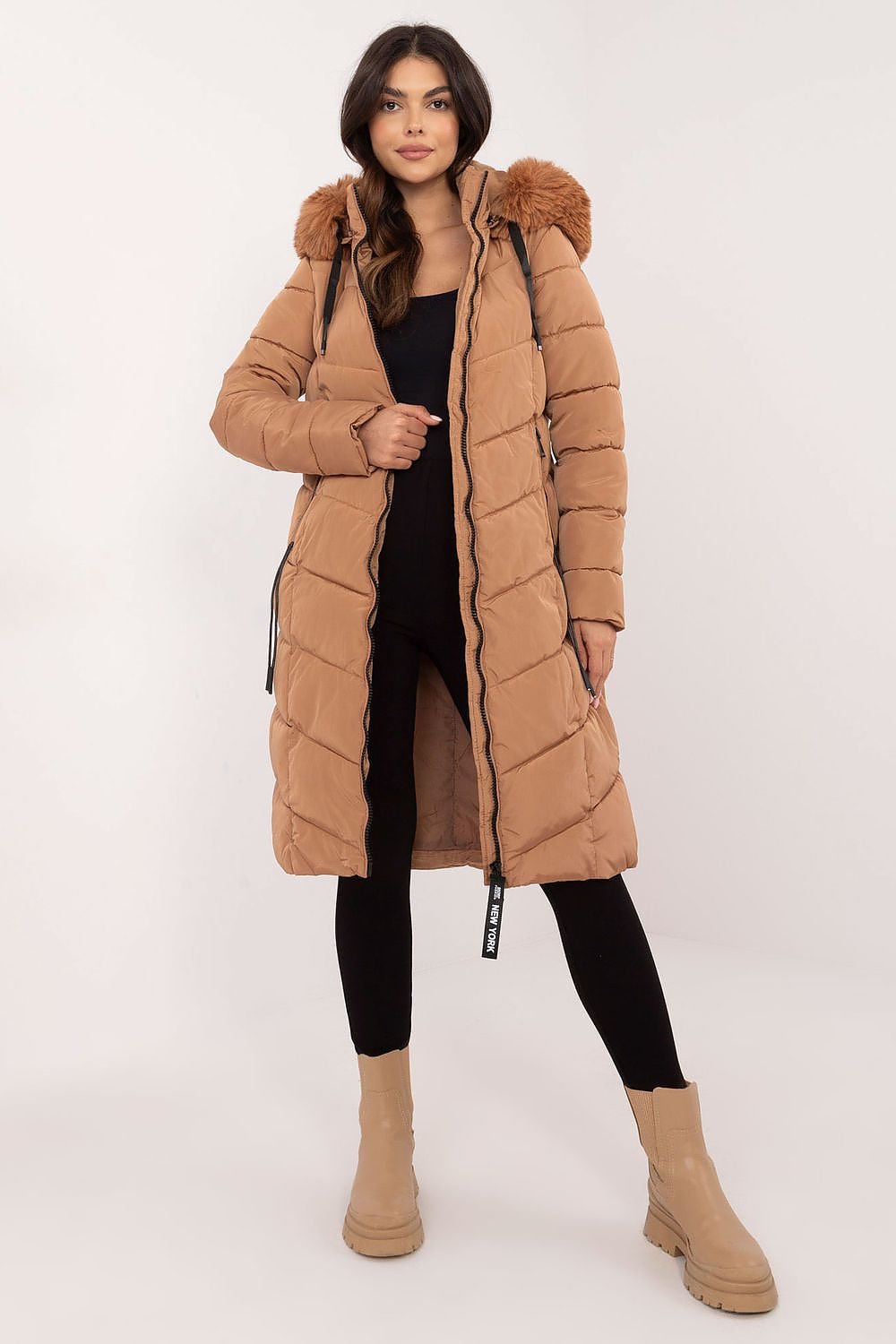 Long Knee-Length Down Jacket with Detachable Hood and Fur