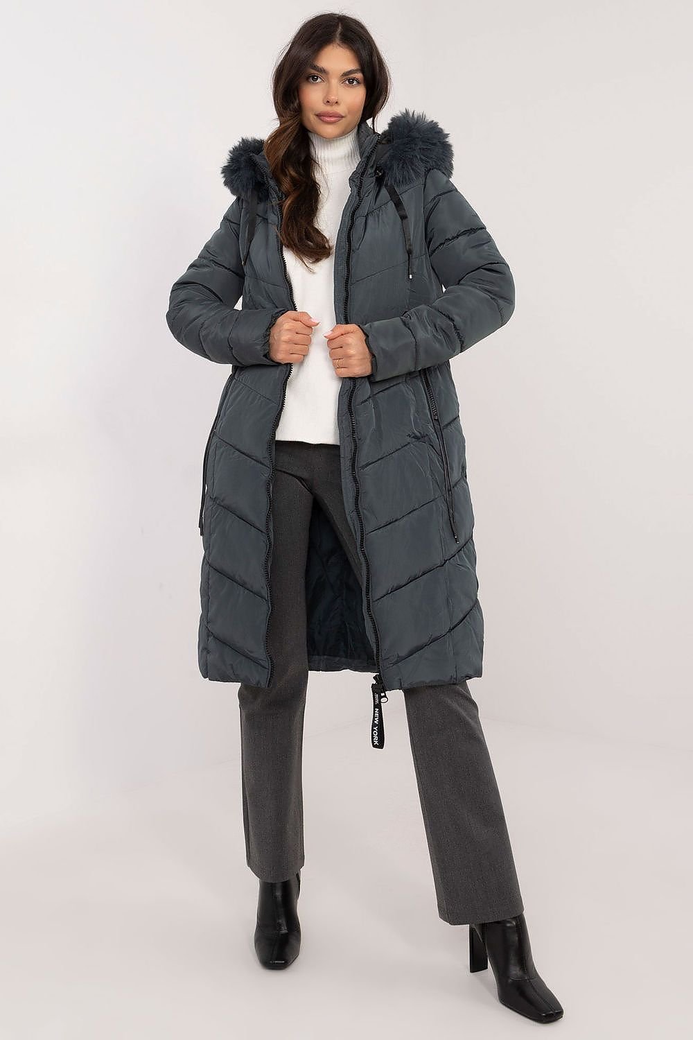 Long Knee-Length Down Jacket with Detachable Hood and Fur