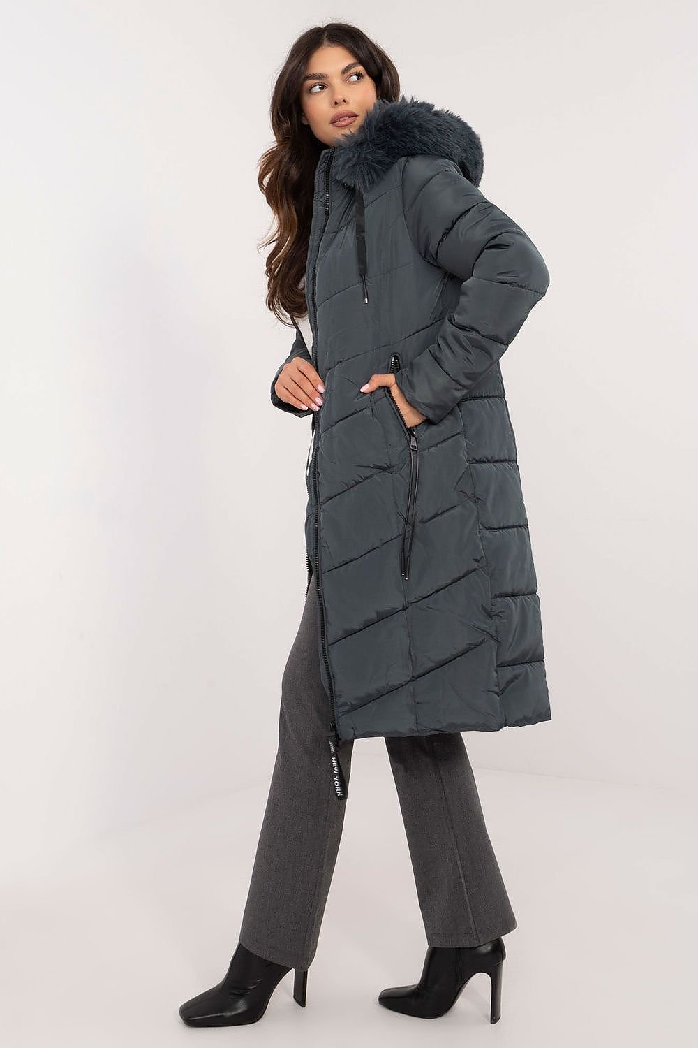 Long Knee-Length Down Jacket with Detachable Hood and Fur