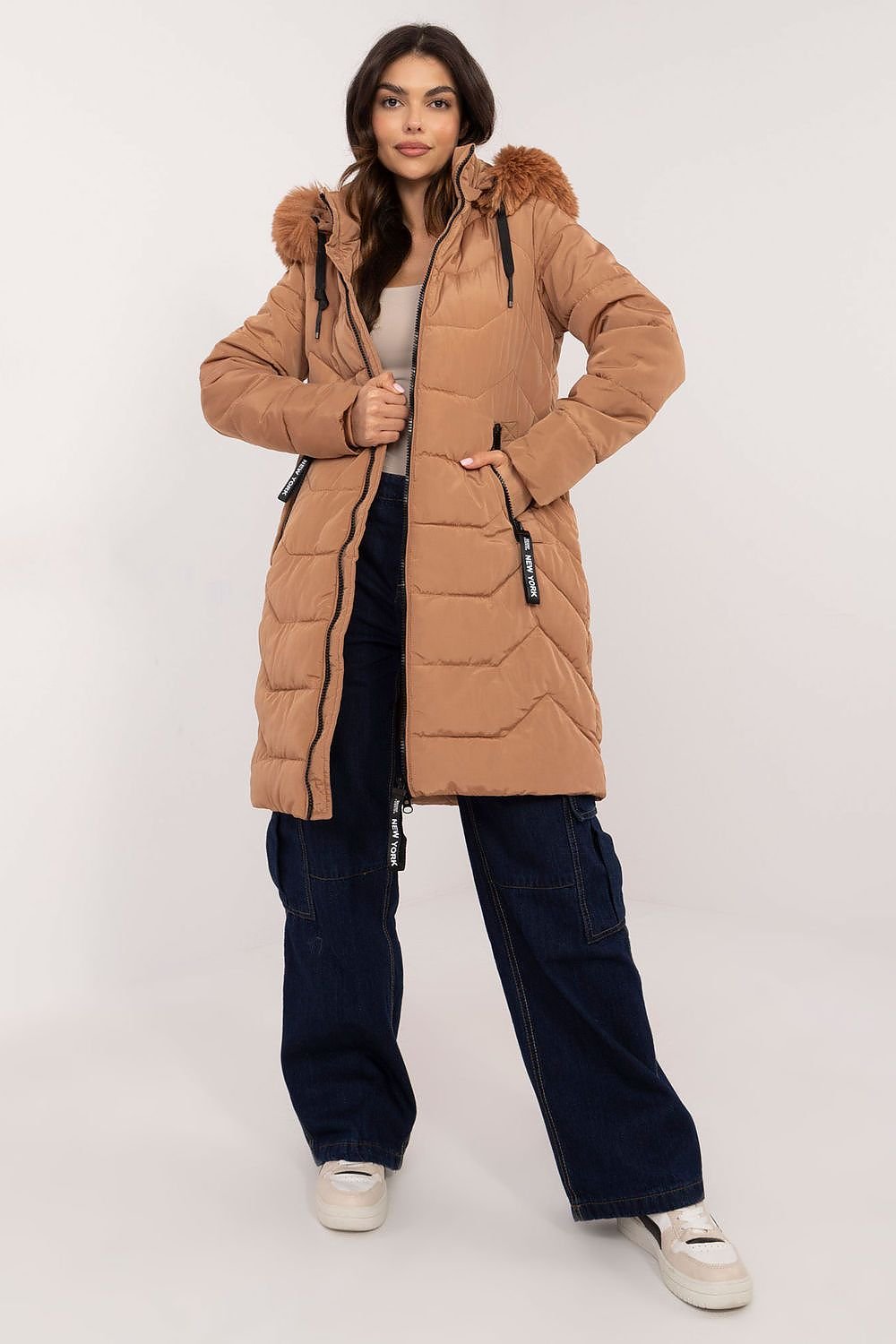 Women's Quilted Down Jacket with Detachable Hood and Fur