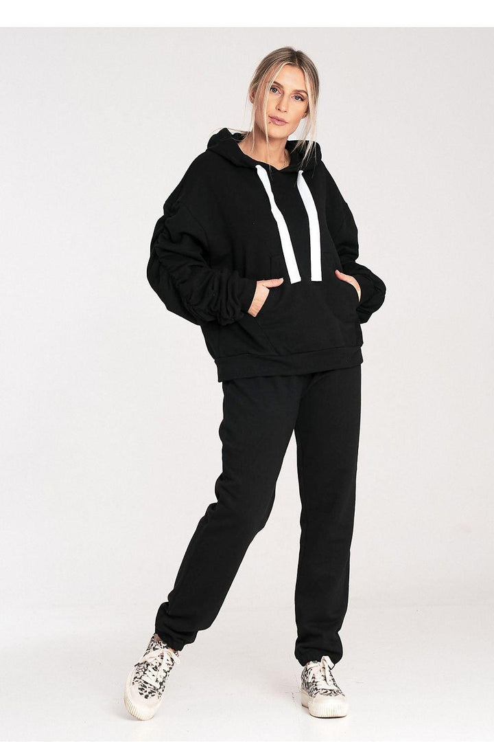 Thick Cotton Hoodie with Ribbing and Pleated Decorative Sleeves - Ludowika 