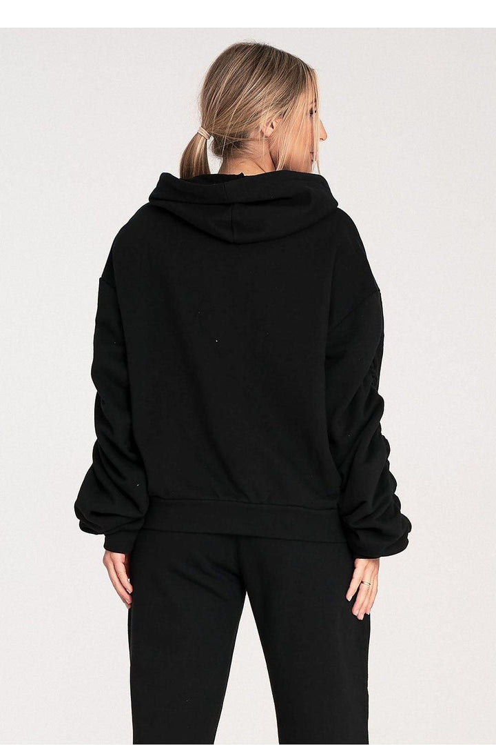 Thick Cotton Hoodie with Ribbing and Pleated Decorative Sleeves - Ludowika 