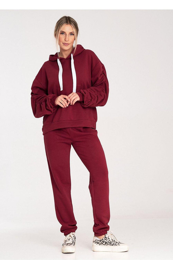 Thick Cotton Hoodie with Ribbing and Pleated Decorative Sleeves - Ludowika 