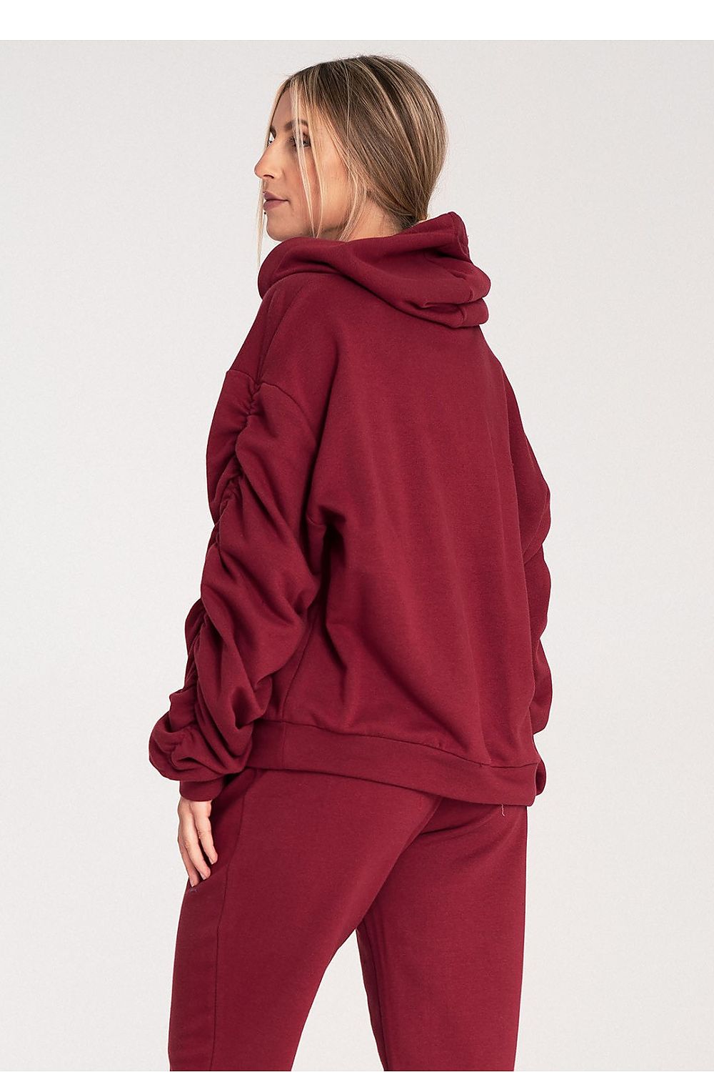 Thick Cotton Hoodie with Ribbing and Pleated Decorative Sleeves