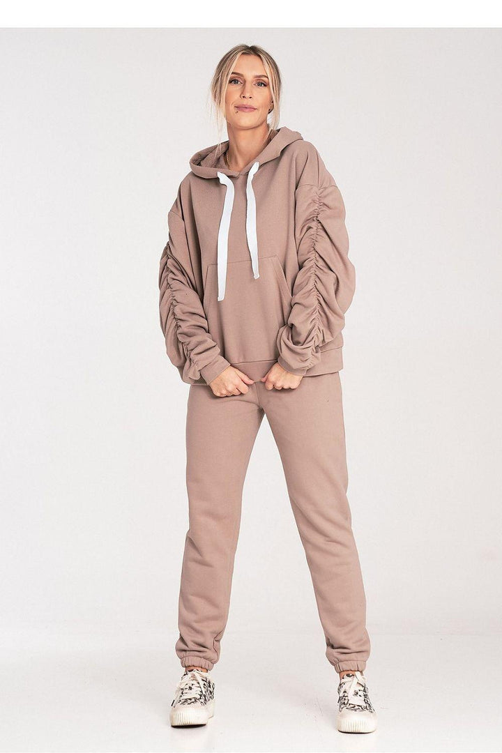 Thick Cotton Hoodie with Ribbing and Pleated Decorative Sleeves - Ludowika 