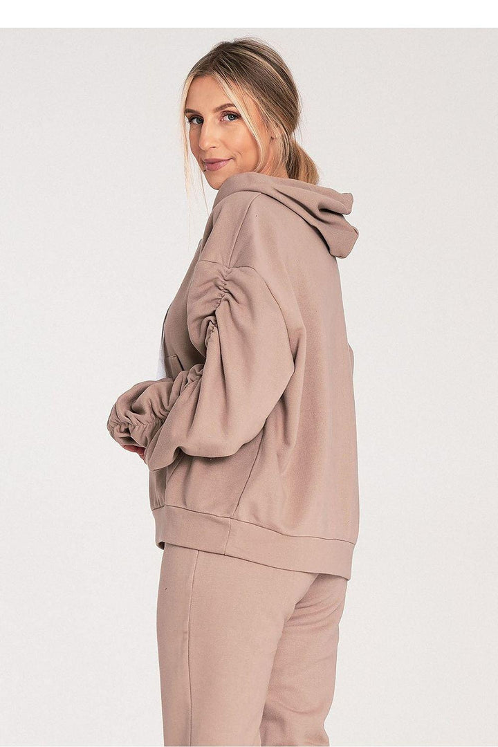 Thick Cotton Hoodie with Ribbing and Pleated Decorative Sleeves - Ludowika 